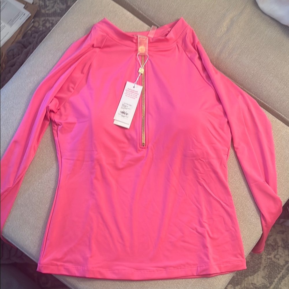 Women's Long Sleeve Pink Zip-Front Swim Top